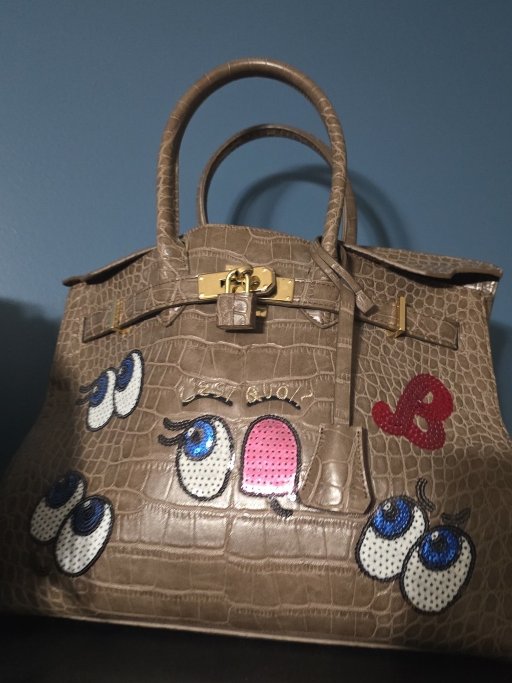 Taupe Croc-Embossed Leather Tote with Playful Embroidered Patches